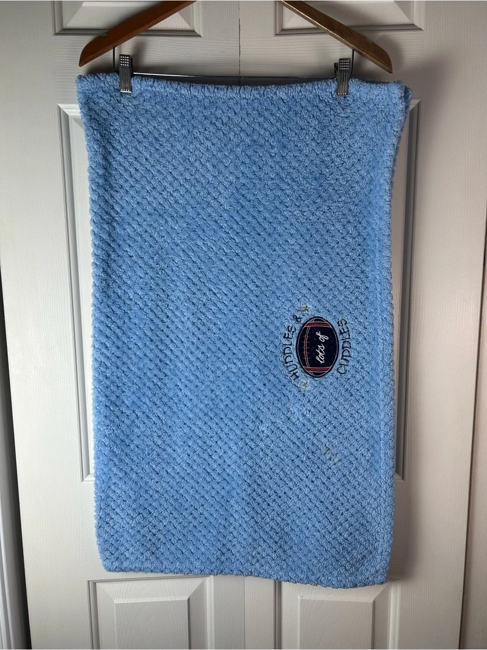Huddles & Lots of Cuddles Football Baby Blanket Blue Textured Red Stars RN 36753
